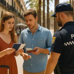 Para turystów pokazuje dokumenty policjantowi, zastanawiając się, czy w Hiszpanii jest bezpiecznie.
