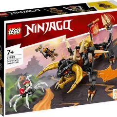 Pudełko z klockami LEGO Ninjago przedstawia smoka ziemi Cole'a EVO walczącego z pajęczym wojownikiem. To jedna z wielu znanych firm zabawek.
