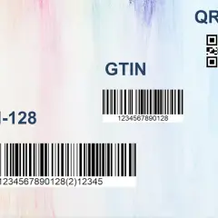 EAN-128 Barcode mit der Nummer (01)01234567890128(2)12345, GTIN und QR-Code auf hellem Hintergrund.