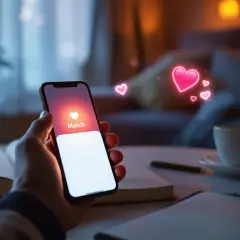 Dłoń trzyma smartfon z ekranem aplikacji randkowej, na którym widać napis "Match" i unoszące się serduszka. To idealny czas na tinder godziny szczytu.