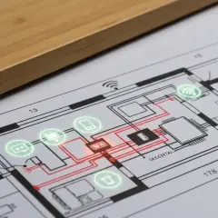 Schemat nowoczesnej instalacji elektrycznej z ikonami urządzeń i połączeń.