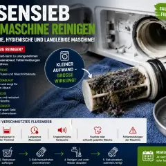 Ein stark verschmutztes Flusensieb einer Waschmaschine, voller Fusseln und Haaren. Regelmäßige Reinigung ist wichtig!