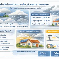 Impianto fotovoltaico: anche con nuvole, la produzione varia. Esempio: 6 kW con cielo luminoso 15-20 kWh, grigio 3-6 kWh. L'effetto fotovoltaico è sempre attivo.