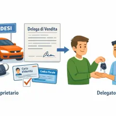 Un proprietario firma una delega per acquisto auto, consegnando chiavi e documenti a un delegato.
