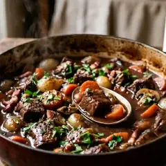 Un plat fumant de boeuf bourguignon, un délice pour les papilles et les pupilles, mijote dans une cocotte.