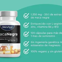 Frasco de Maca Negra GloryFeel. Descubre para qué sirve la maca negra en mujeres: energía, vitalidad y bienestar. 120 cápsulas veganas.