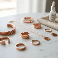 Joyas de cobre con estilo cowboy: pulseras, anillos y un collar con colgante, junto a un frasco y paño de limpieza.