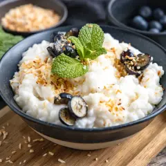 Cremiger Milchreis mit Wasser gekocht, garniert mit Blaubeeren, Kokosraspeln und Minze. Ein Genuss!