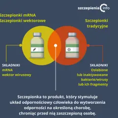 Dwa rodzaje szczepionek: mRNA/wektorowe i tradycyjne, przedstawione jako fiolki.