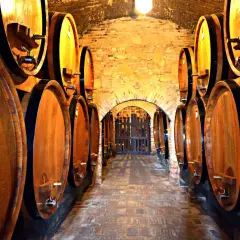 Corridoio di cantine in Toscana, con botti di legno che maturano il vino.