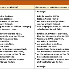 Zwei Bibelübersetzungen von Psalm 113, die die Bedeutung von "Halleluja" als Lobpreis Gottes hervorheben.