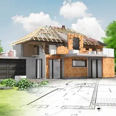 Dom w budowie z widokiem na plany architektoniczne i otaczającą zielenią.