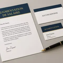 Une lettre de demande d'augmentation de salaire, une carte "Aucune réponse" et une carte de visite "Augmentation" pour Jean Dupont, Directeur.