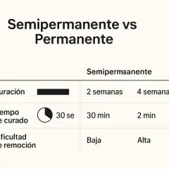 Tabla comparativa de duración, tiempo de curado y dificultad de remoción para coloración semipermanente y permanente.