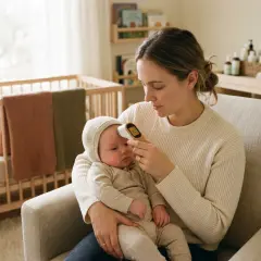 Mamma kollar temperaturen på sitt varma bebis utan feber med en termometer.