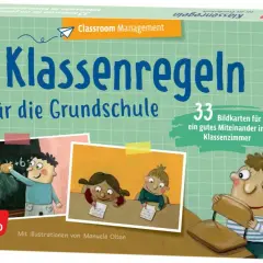 Klassenregeln für die Grundschule: 33 Bildkarten für ein gutes Miteinander im Klassenzimmer. Illustrationen zeigen Kinder beim Lernen und Spielen.