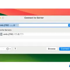 mac mit NAS verbinden: Eingabefeld zeigt "smb://192..." für Serververbindung. Favoritenliste enthält bereits eine SMB-Adresse.