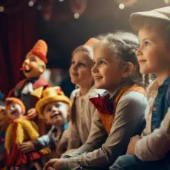 Uśmiechnięte dzieci oglądają przedstawienie. Teatr Gniezno repertuar dla dzieci zachwyca najmłodszych widzów.