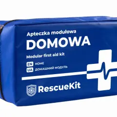 Niebieska, modułowa apteczka domowa RescueKit z białym krzyżem i napisem.
