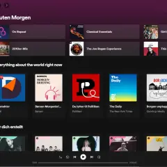 Spotify-Startseite mit Suchleiste. Hier siehst du deinen Spotify-Verlauf, z.B. "On Repeat" und "2010er-Mix".