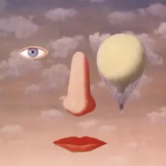 A dream surrealism art piece featuring a face composed of an eye, a nose, and lips, with a hot air balloon replacing one nostril against a cloudy sky.