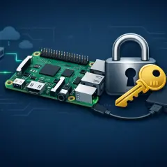 Sicherer Raspberry Pi Backup: Ein Schloss mit Schlüssel und eine SSD deuten auf den Schutz Ihrer Daten hin.