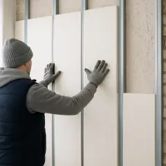 Lavoratore posiziona pannelli di polistirolo su una struttura metallica, mostrando come isolare una parete interna con polistirolo per migliorare l'efficienza energetica.