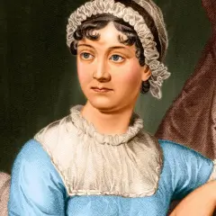 Portret Jane Austen, autorki ponadczasowych książek, w błękitnej sukni i czepku.