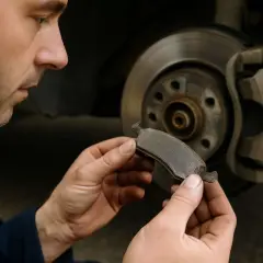 Mécanicien inspectant une plaquette de frein usée, évaluant sa durée de vie avant le remplacement.