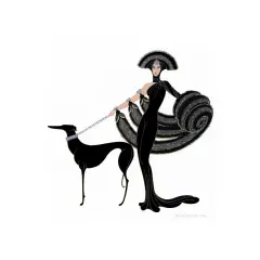 A striking Art Deco illustration, a symphony in black, features a woman in a flowing gown and elaborate headdress, holding a leash attached to a sleek black greyhound.
