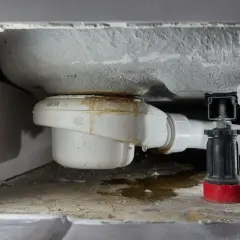 Undichter Duschabfluss mit Wasserflecken. Zeit, den abfluss dusche undicht reparieren.