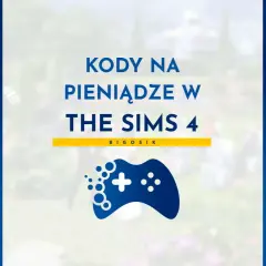 Szczęśliwy Sim z torbami pieniędzy, obok napis "Kody na pieniądze w The Sims 4".
