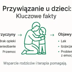 Przywiązanie u dzieci: przyczyny (brak opieki, zaniedbanie, przemoc) i objawy (lęk, izolacja, problemy z emocjami). Wsparcie rodziców i terapia pomagają.