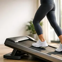 Gambe di donna che corrono su un tapis roulant inclinato. Attenzione, camminare in salita fa male alla schiena se non si fa attenzione alla postura.