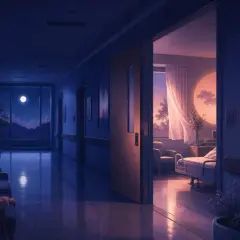 Un pasillo de hospital de noche, con una ventana que muestra la luna y montañas. Una habitación abierta revela una cama y una ventana con cortinas ondeando. Es como soñar con hospital.