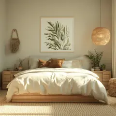 Gemütliches Schlafzimmer mit Naturmaterialien und Pflanzen. Perfekte Inspiration für Schlafzimmer Deko im Boho-Stil.