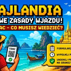 Pixelartowa grafika z turystą trzymającym telefon z kodem QR, na tle tajlandzkiej świątyni i plaży.