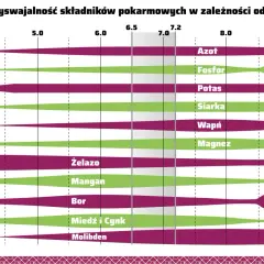 Wykres pokazuje przyswajalność składników pokarmowych w zależności od pH. Optymalne pH dla większości pierwiastków to 6.0-7.2.