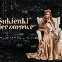 Królowa w złotej, błyszczącej sukni i koronie, otoczona czarnymi balonami. Szukasz niespotykanych sukni wieczorowych, by zachwycić na wielkim wyjściu?