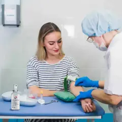 Pielęgniarka pobiera krew do badań, w tym **kreatynina na czczo**. Pacjentka spokojnie czeka na wynik.