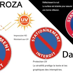 Panneau interdiction de stationner, résistant aux UV et réfléchissant la nuit pour une meilleure visibilité.