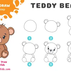 Guía paso a paso de cómo se dibuja un oso de peluche. Incluye un oso terminado y seis etapas de dibujo.