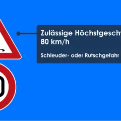 Achtung! Schleuder- oder Rutschgefahr in der Rechtskurve. Höchstgeschwindigkeit 80 km/h.