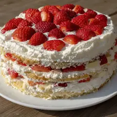 En vacker jordgubbstårta med fluffig grädde och saftiga jordgubbar. Perfekt att baka tårta till sommaren!
