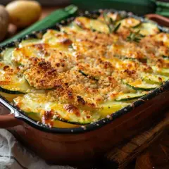 Un délicieux gratin courgette pomme de terre, doré et croustillant, prêt à être dégusté.