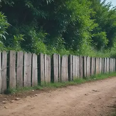 Drewniane ogrodzenie na skarpie wzdłuż piaszczystej ścieżki, otoczone bujną zielenią.