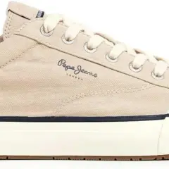 Sneakers in tela beige da pepe jeans uomo, con lacci chiari e suola bianca con dettagli blu.