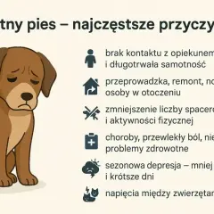 Smutny pies z opuszczonymi uszami. Obrazek wyjaśnia, ile pies może nie jeść z powodu samotności, zmian, braku ruchu, chorób czy depresji.