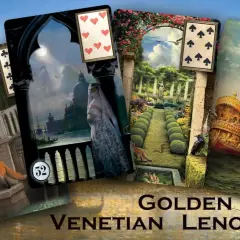 Karty do wróżb "Golden Venetian Lenormand" przedstawiają sceny z Wenecji: lis z ptakiem, dama w welonie, ogród, galeon.