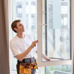 Un hombre con cinturón de herramientas ajusta una **regular ventana oscilobatiente**.